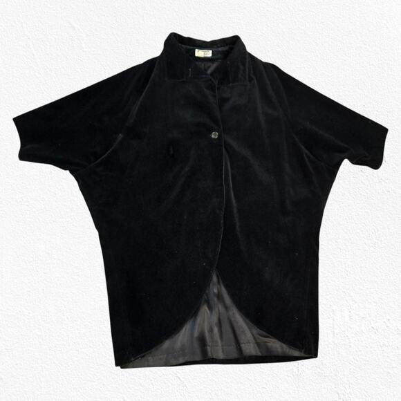 1970s Black Velvet Edwardian Cape Coat Dramatic High Low Smooth Gothic Overcoat - Picture 2 of 8